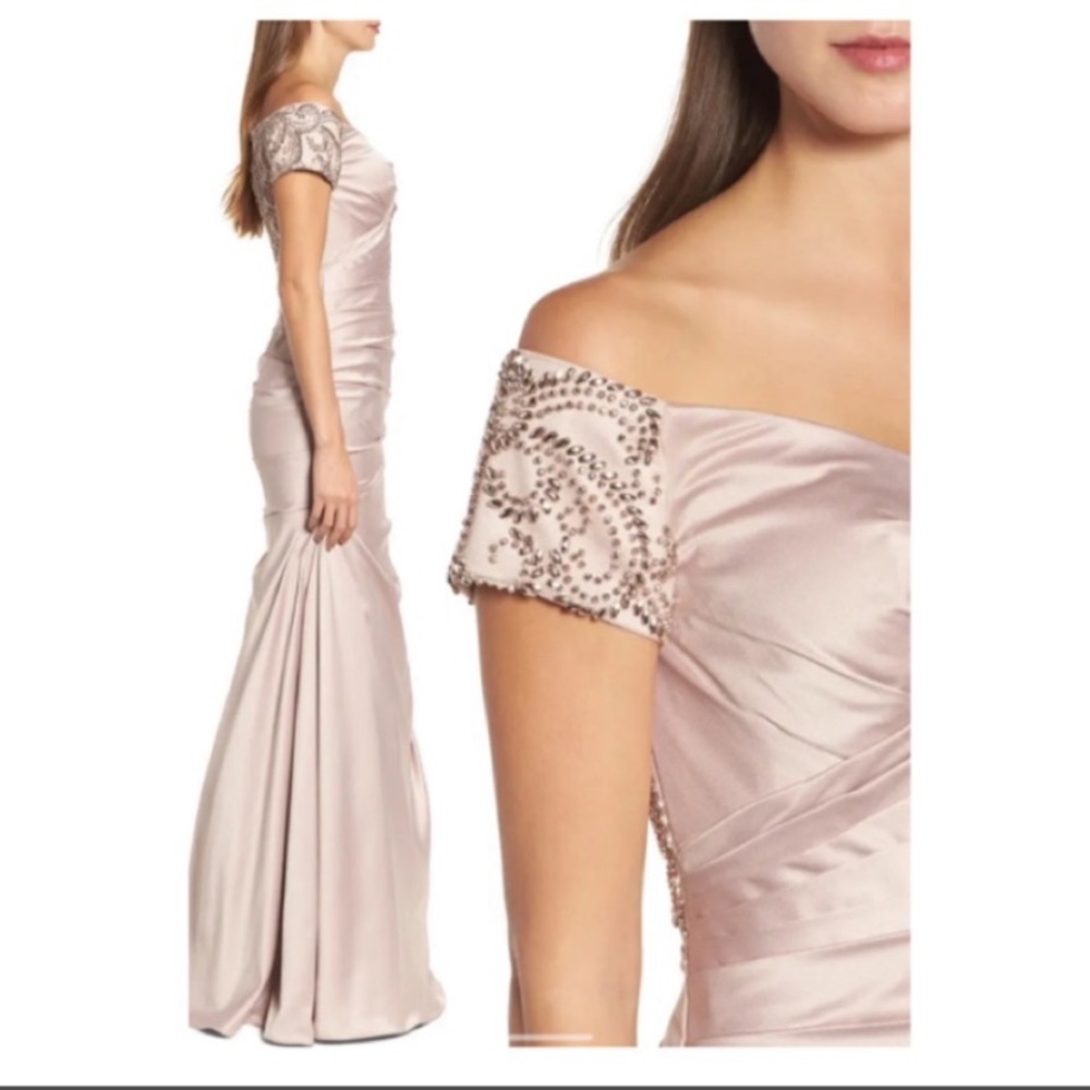 New! La Femme Off the Shoulder Beaded Satin Trumpet Gown - Picture 2 of 13
